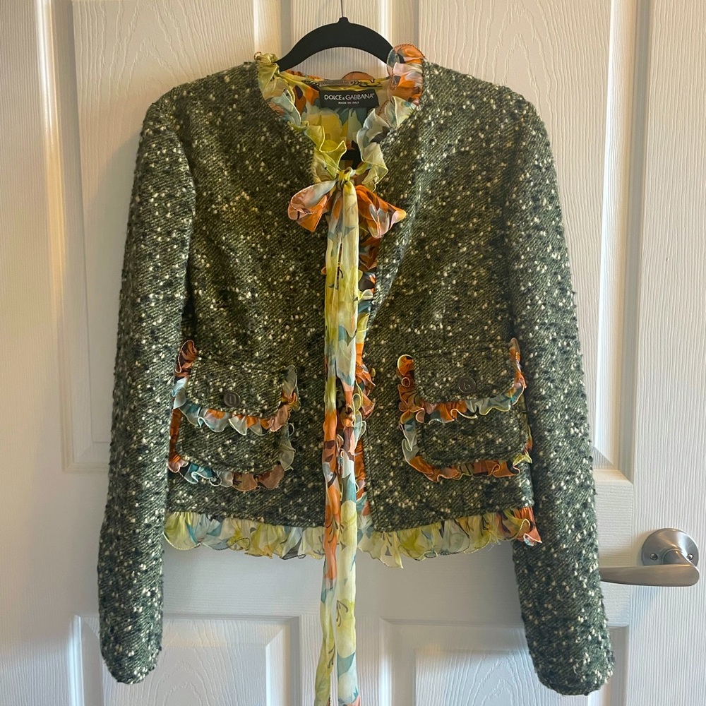 Dolce & Gabbana Green Tweed Jacket with Silk Trim